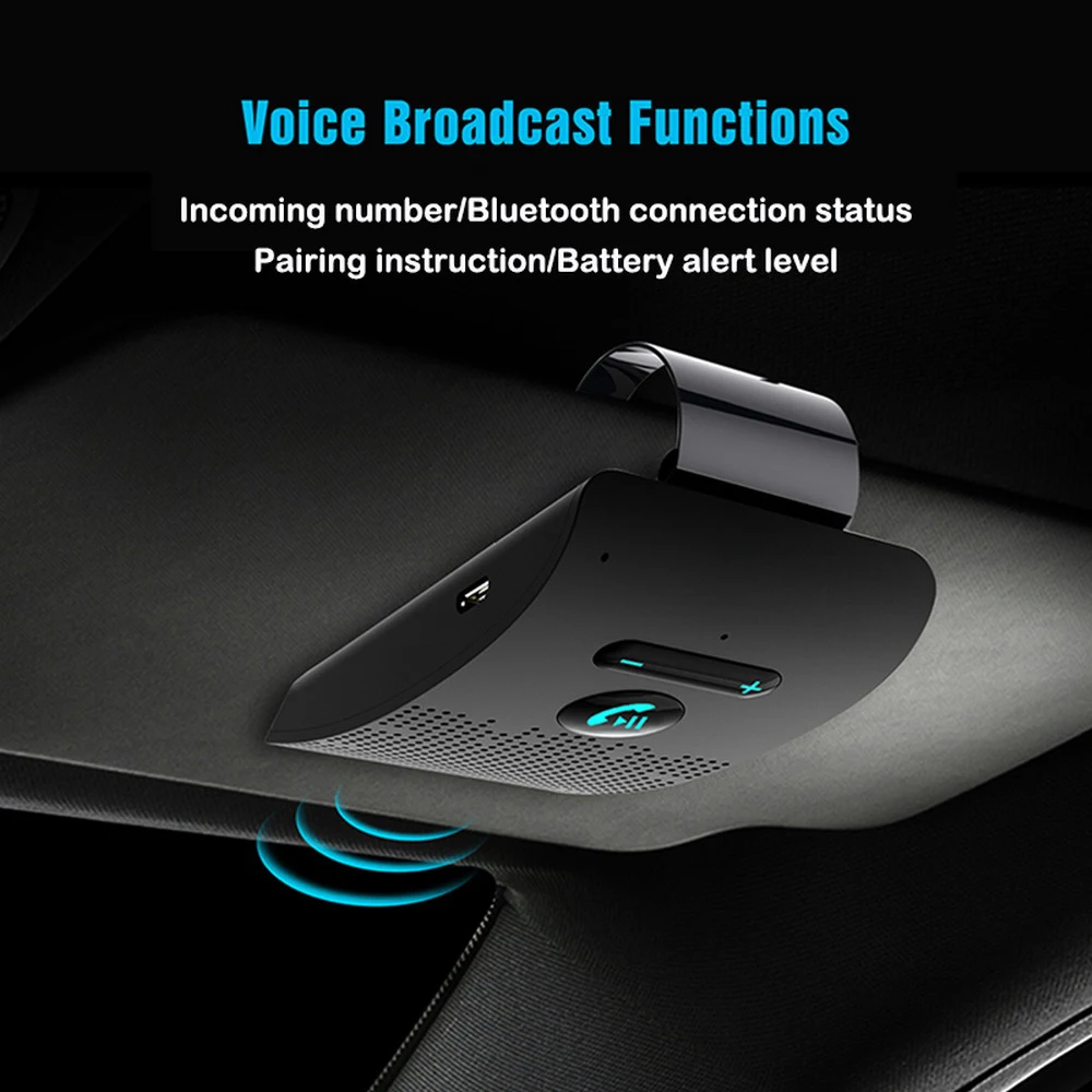 Bluetooth 5.0 Handsfree Car Kit Hifi Speaker 2W Wireless Audio Receiver MP3 Music Player Noise Cancelling Sun Visor Clip thumbnail 2