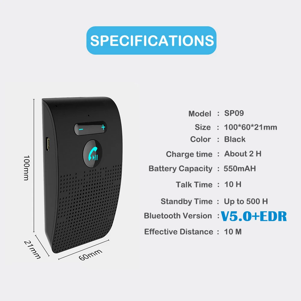 Bluetooth 5.0 Handsfree Car Kit Hifi Speaker 2W Wireless Audio Receiver MP3 Music Player Noise Cancelling Sun Visor Clip thumbnail 6