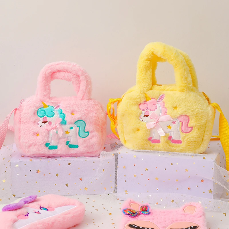 Kid Embroidery Unicorn Plush Crossbody Purses And Handbags Little Girls Rainbow Fluffy Purse Cute Cartoon Furry Shoulder Bag thumbnail 3