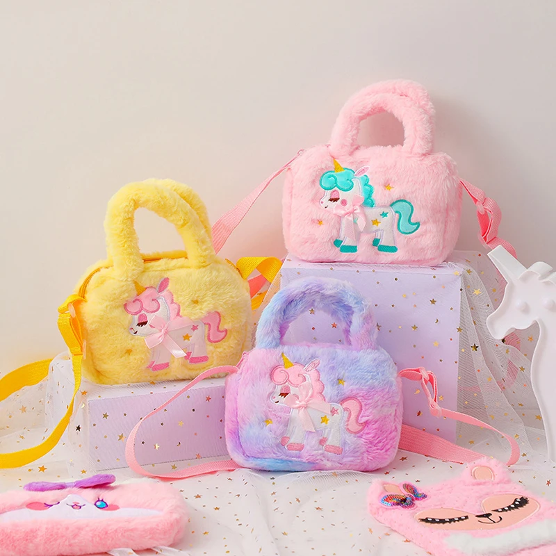 Kid Embroidery Unicorn Plush Crossbody Purses And Handbags Little Girls Rainbow Fluffy Purse Cute Cartoon Furry Shoulder Bag thumbnail 2