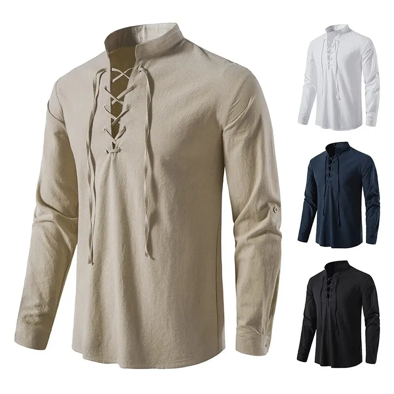 King Billion Men's Shirts Casual Men Cotton Linen Long Sleeve T-shirt Spring Autumn Vintage Shirt US Size Drawstring Neck thumbnail 3