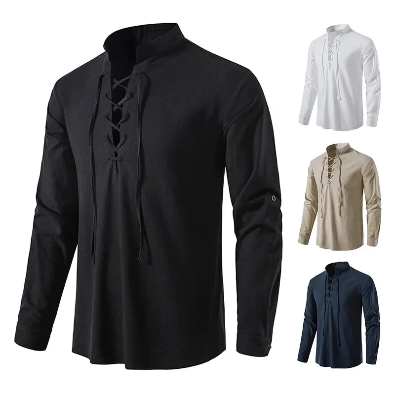 King Billion Men's Shirts Casual Men Cotton Linen Long Sleeve T-shirt Spring Autumn Vintage Shirt US Size Drawstring Neck thumbnail 5