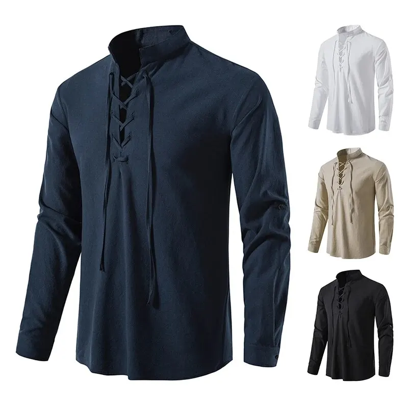 King Billion Men's Shirts Casual Men Cotton Linen Long Sleeve T-shirt Spring Autumn Vintage Shirt US Size Drawstring Neck thumbnail 4