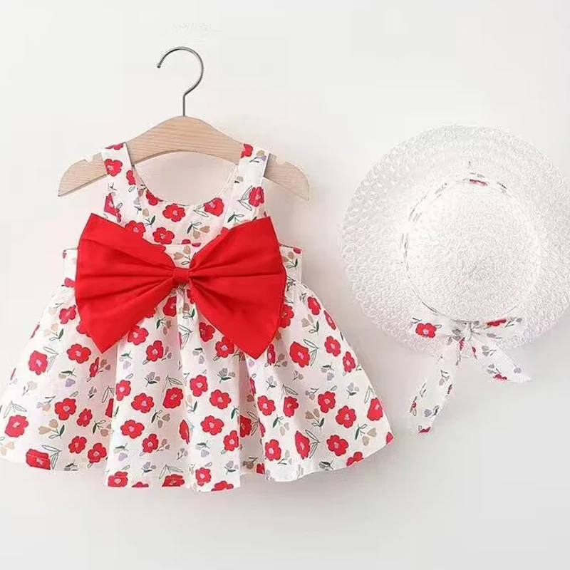 0-3-year-old baby clothes summer seaside vacation children's dress floral sleeveless bow girl princess dress+hat thumbnail 4