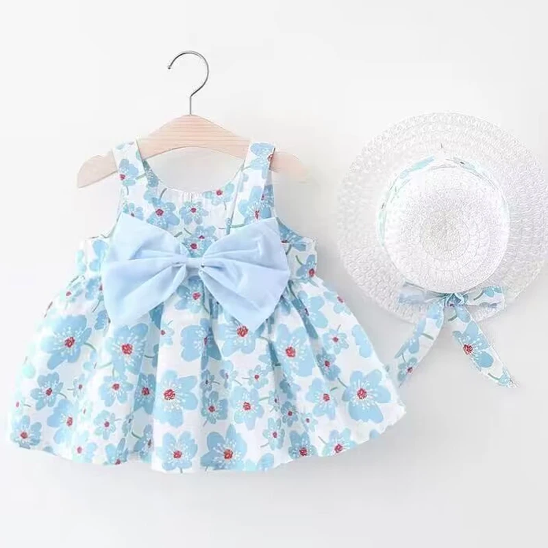 0-3-year-old baby clothes summer seaside vacation children's dress floral sleeveless bow girl princess dress+hat thumbnail 3