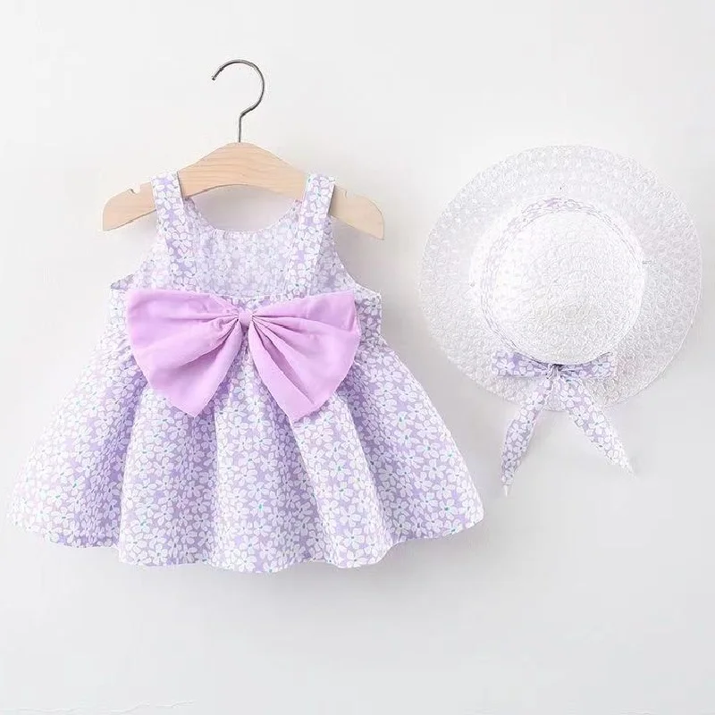 0-3-year-old baby clothes summer seaside vacation children's dress floral sleeveless bow girl princess dress+hat thumbnail 5