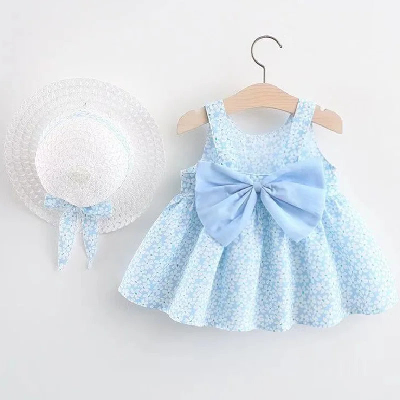 0-3-year-old baby clothes summer seaside vacation children's dress floral sleeveless bow girl princess dress+hat thumbnail 6