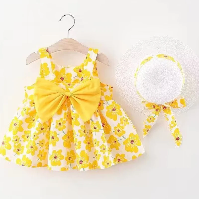0-3-year-old baby clothes summer seaside vacation children's dress floral sleeveless bow girl princess dress+hat thumbnail 2