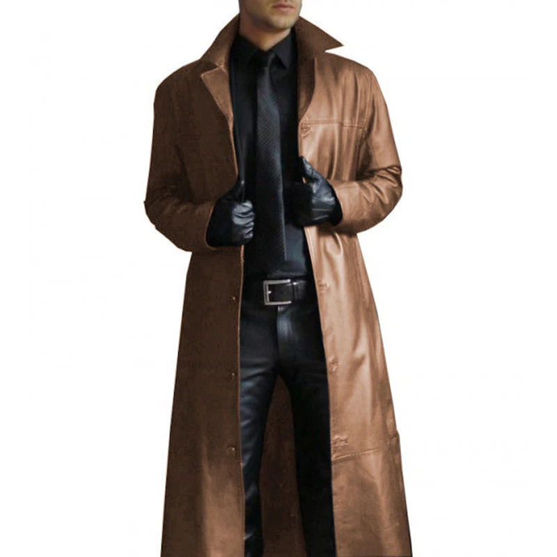 Men Jacket Turn-down Collar Smooth Faux Leather Men Fall Coat Windproof Streetwear Slim Fit Long Sleeve Men Trench Coat thumbnail 4