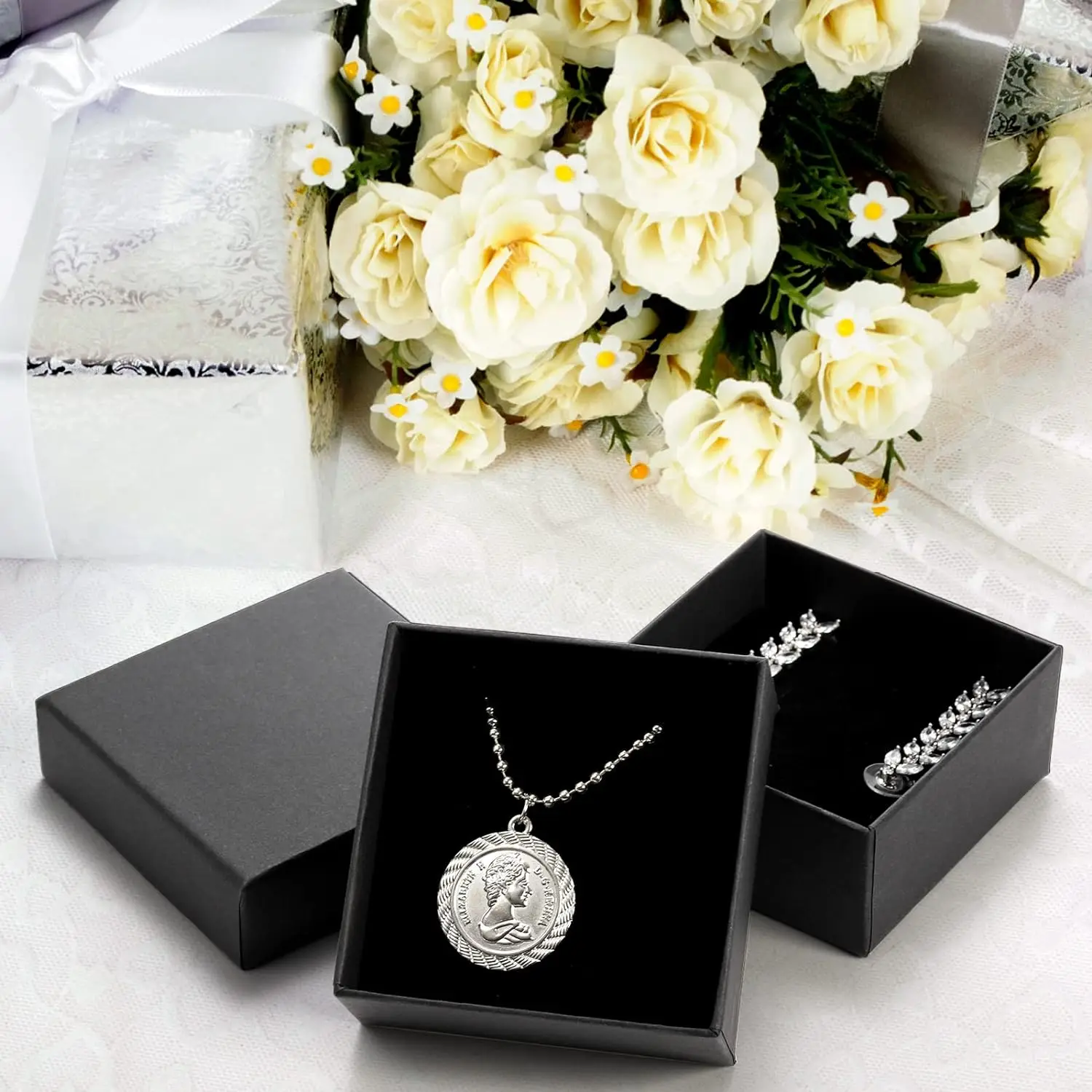 32Pcs-7x7x2.5cm Black Kraft Jewelry Gift Box Cardboard Ring Necklace Earring Packaging Organizer Boxes Case With Sponge Inside thumbnail 6