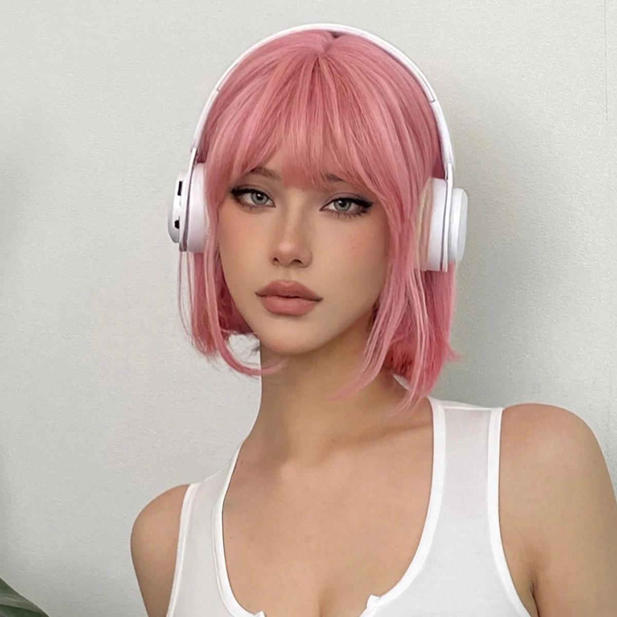 Short Straight Bob Synthetic Wigs Pink Natural Hair Wig with Bangs for Women Cosplay Cute Wig Heat Resistant Fiber thumbnail 3