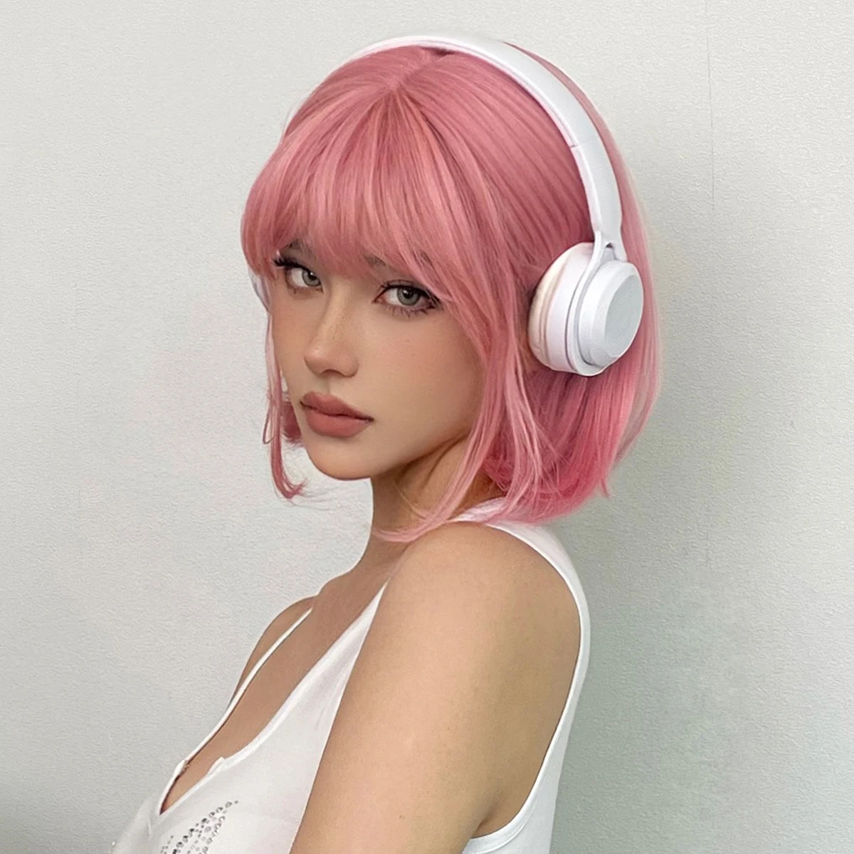 Short Straight Bob Synthetic Wigs Pink Natural Hair Wig with Bangs for Women Cosplay Cute Wig Heat Resistant Fiber thumbnail 4