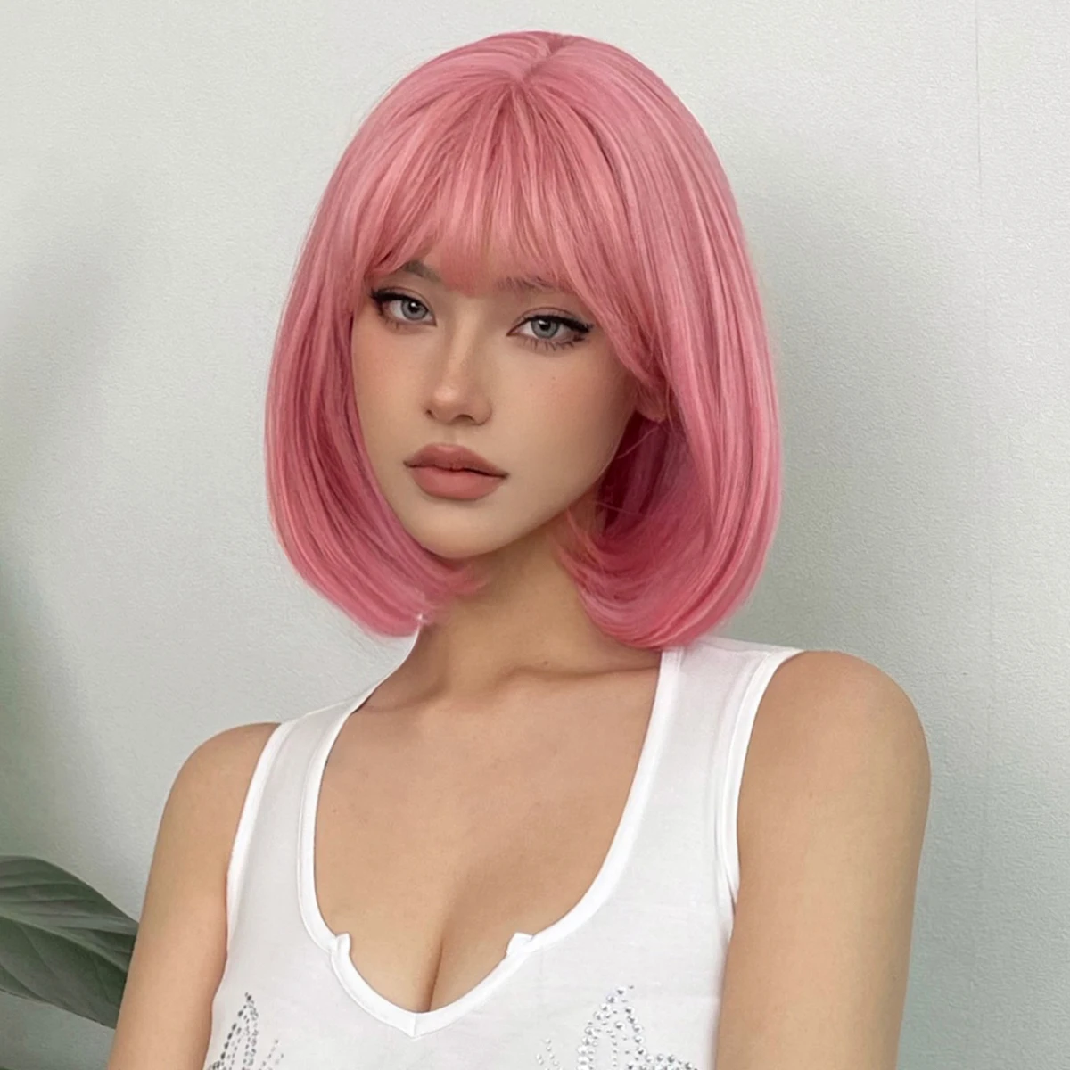 Short Straight Bob Synthetic Wigs Pink Natural Hair Wig with Bangs for Women Cosplay Cute Wig Heat Resistant Fiber thumbnail 2