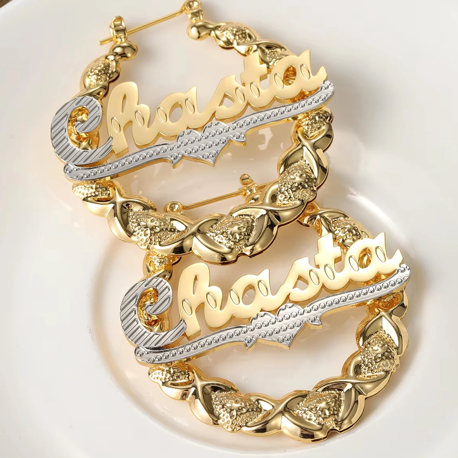 Qitian XOXO Hoop Name Earrings Custom Heart Names Earring Bamboo Earrings Nameplate Personalized XO Earrings For Women Gifts