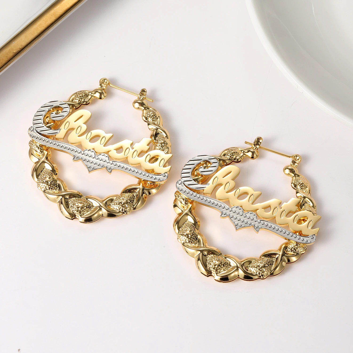 Qitian XOXO Hoop Name Earrings Custom Heart Names Earring Bamboo Earrings Nameplate Personalized XO Earrings For Women Gifts thumbnail 2