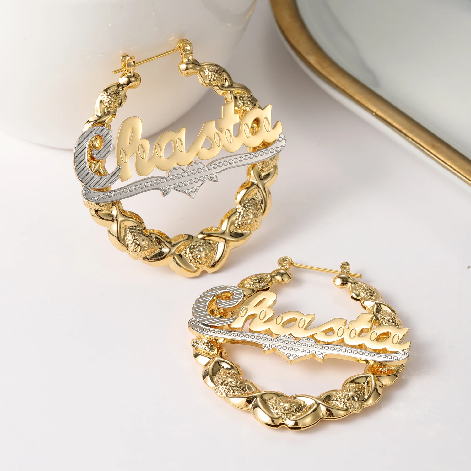 Qitian XOXO Hoop Name Earrings Custom Heart Names Earring Bamboo Earrings Nameplate Personalized XO Earrings For Women Gifts thumbnail 3
