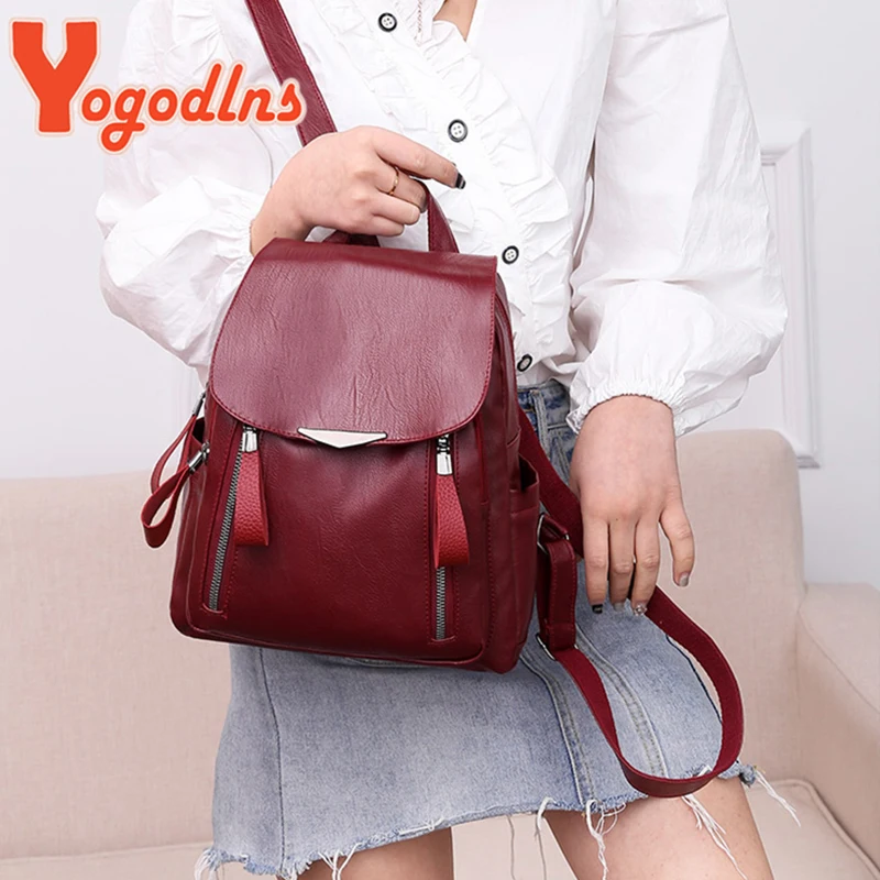 Yogodlns Luxury Backpack For Women Soft PU Leather Backpack Travel Large Capacity School Bag Double Zipper Business Knapsack thumbnail 3