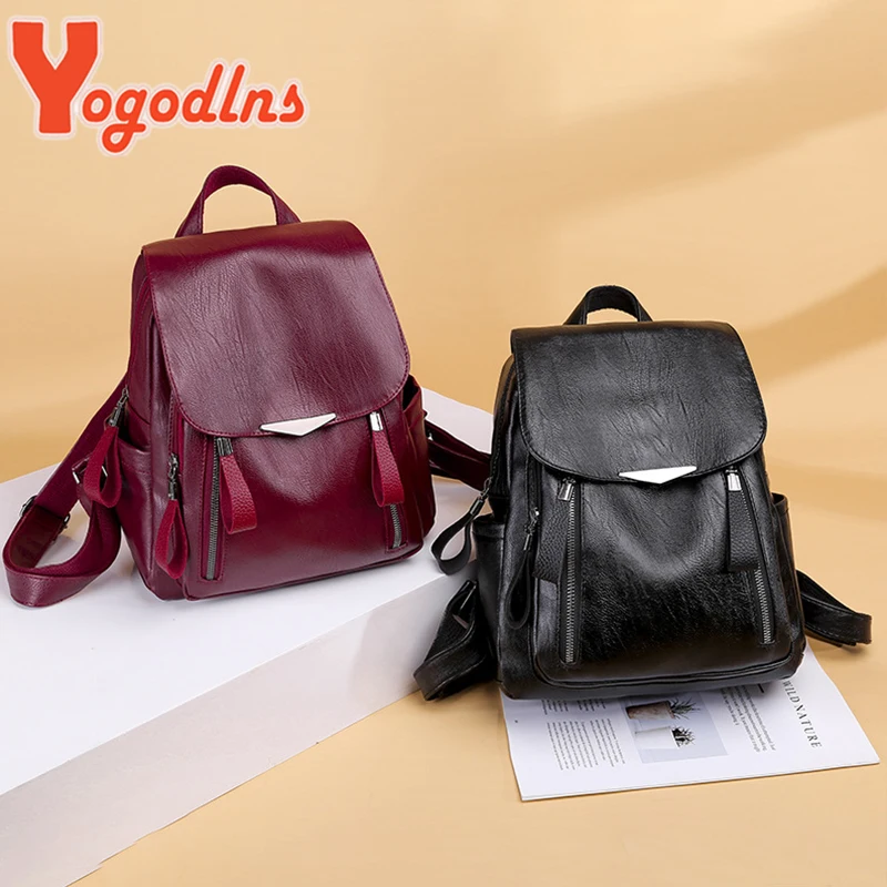 Yogodlns Luxury Backpack For Women Soft PU Leather Backpack Travel Large Capacity School Bag Double Zipper Business Knapsack thumbnail 5