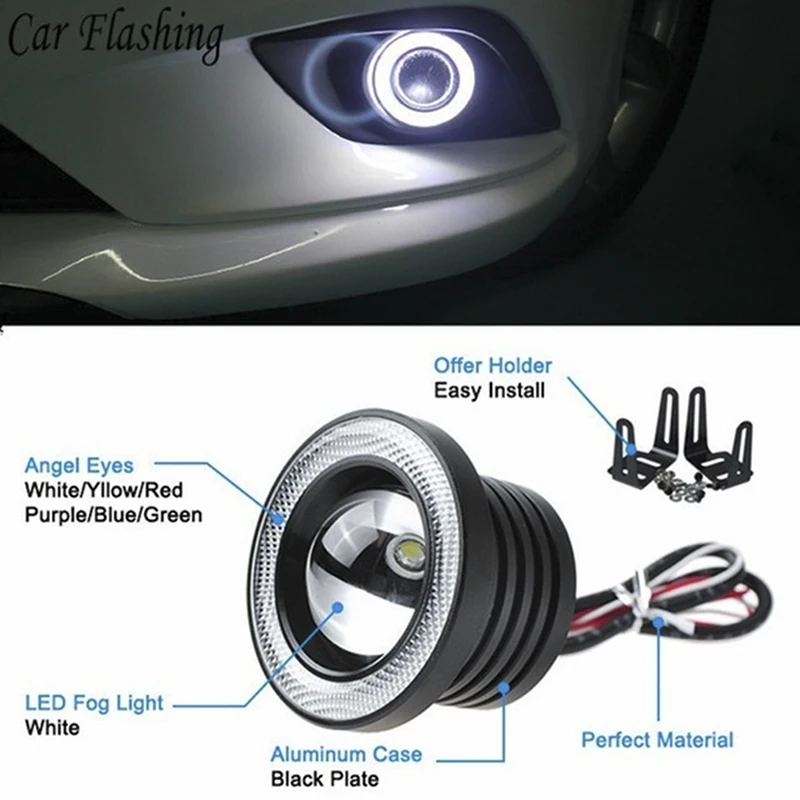 1 Pcs 15W 6000K Car White COB LED Projector Angel Eyes Blue Ring DRL Fog Light Lamp 2.5" With Brackets thumbnail 6