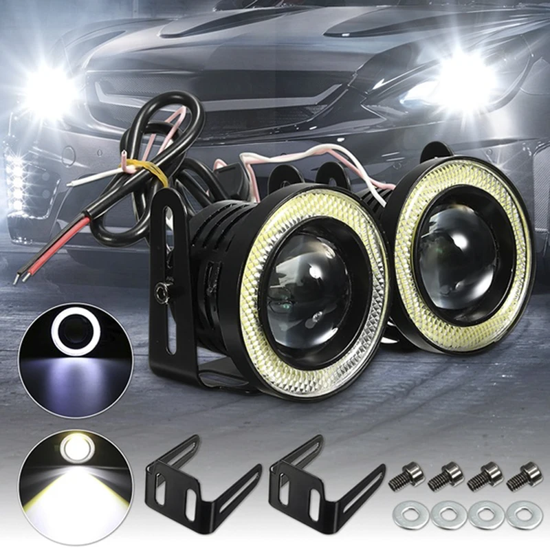 1 Pcs 15W 6000K Car White COB LED Projector Angel Eyes Blue Ring DRL Fog Light Lamp 2.5" With Brackets