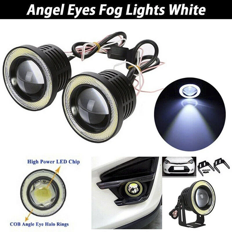 1 Pcs 15W 6000K Car White COB LED Projector Angel Eyes Blue Ring DRL Fog Light Lamp 2.5" With Brackets thumbnail 2