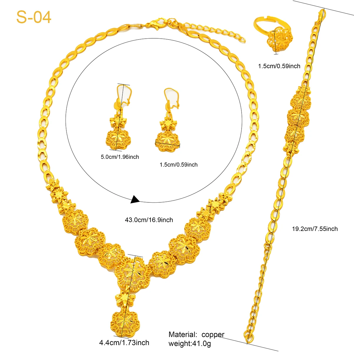 ANIID Indian 24k Gold Color Flower Shape Necklace Earrings Bracelet Ring Set Elegant Bridal Wedding Jewelry Sets for Dubai Lady thumbnail 6