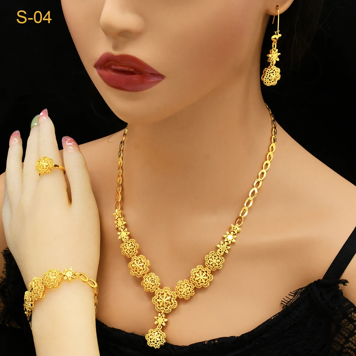 ANIID Indian 24k Gold Color Flower Shape Necklace Earrings Bracelet Ring Set Elegant Bridal Wedding Jewelry Sets for Dubai Lady thumbnail 5