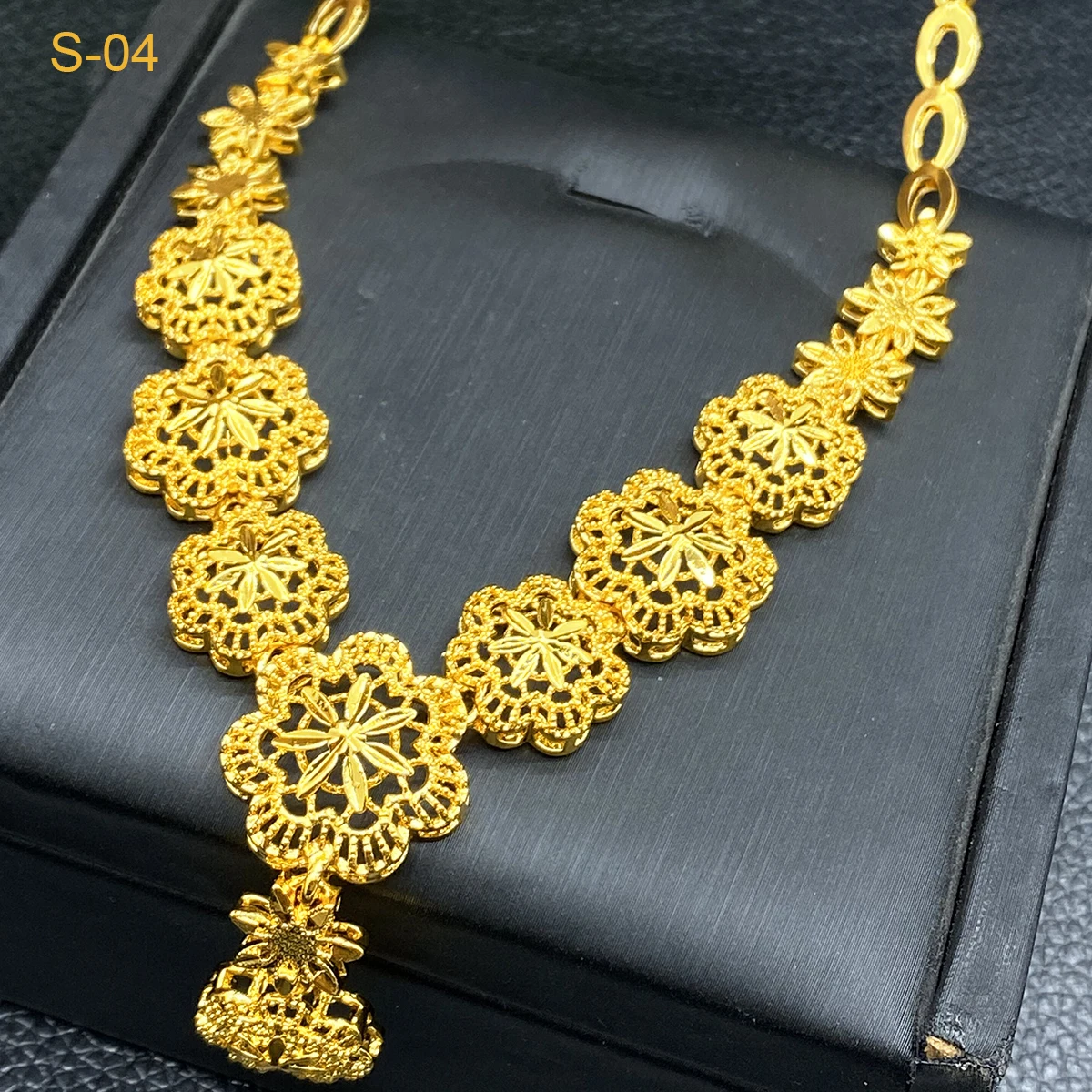 ANIID Indian 24k Gold Color Flower Shape Necklace Earrings Bracelet Ring Set Elegant Bridal Wedding Jewelry Sets for Dubai Lady thumbnail 3