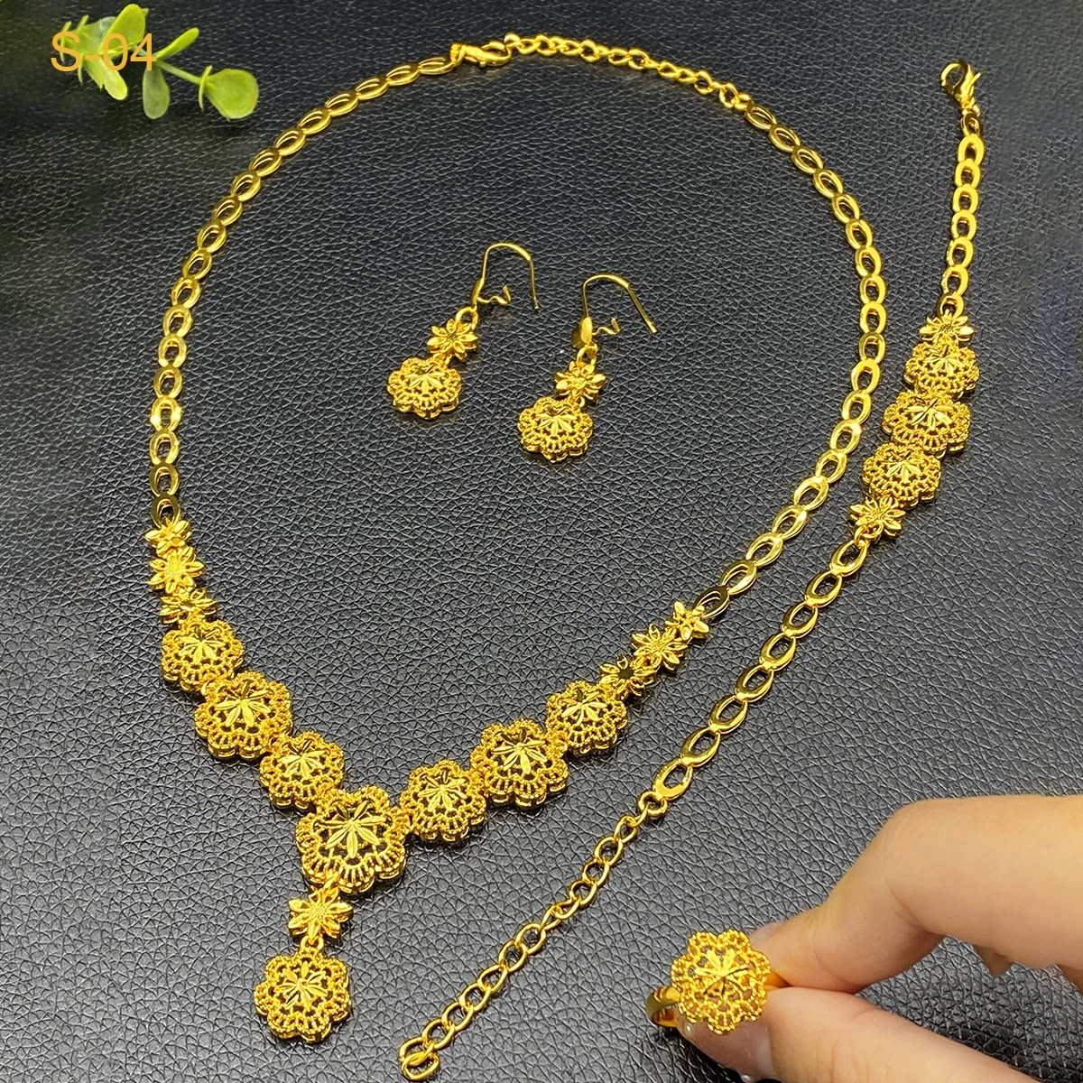 ANIID Indian 24k Gold Color Flower Shape Necklace Earrings Bracelet Ring Set Elegant Bridal Wedding Jewelry Sets for Dubai Lady thumbnail 2