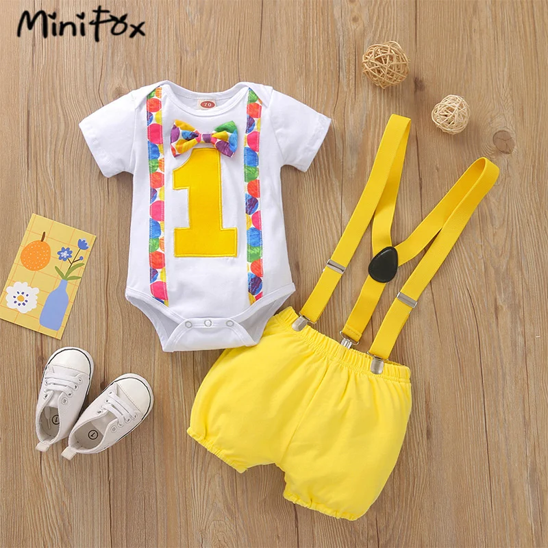 MiniFox Baby Boys Birthday Outfit For One Years Number"1“ Bodysuit and Y-back Suspender Shorts 1 Year Birthday Cake Smash Sets thumbnail 5