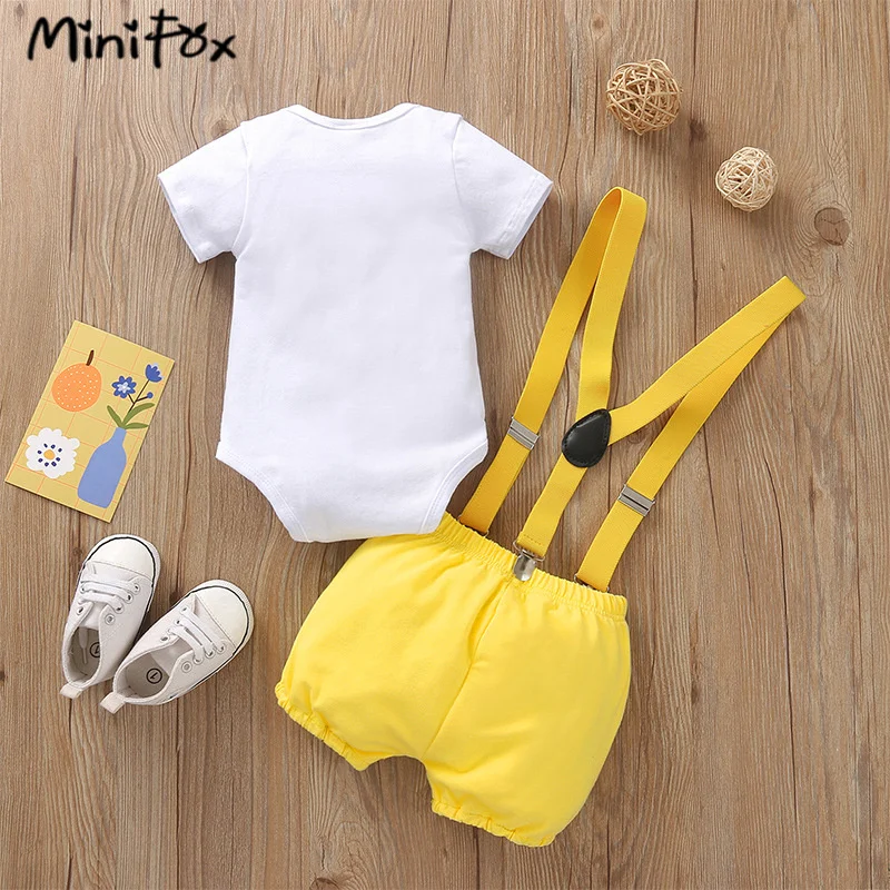 MiniFox Baby Boys Birthday Outfit For One Years Number"1“ Bodysuit and Y-back Suspender Shorts 1 Year Birthday Cake Smash Sets thumbnail 6