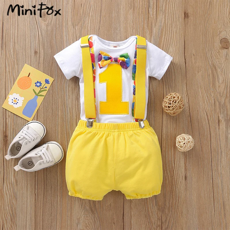 MiniFox Baby Boys Birthday Outfit For One Years Number"1“ Bodysuit and Y-back Suspender Shorts 1 Year Birthday Cake Smash Sets thumbnail 4