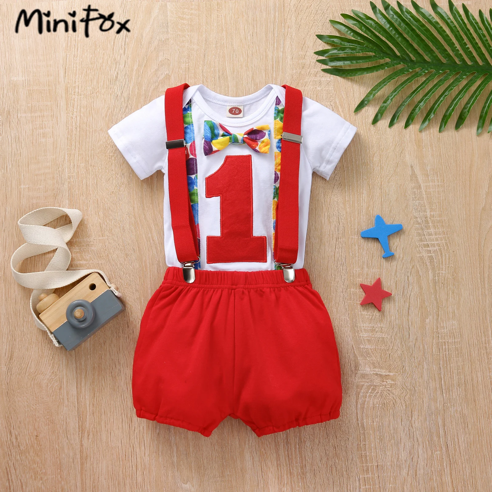MiniFox Baby Boys Birthday Outfit For One Years Number"1“ Bodysuit and Y-back Suspender Shorts 1 Year Birthday Cake Smash Sets thumbnail 3