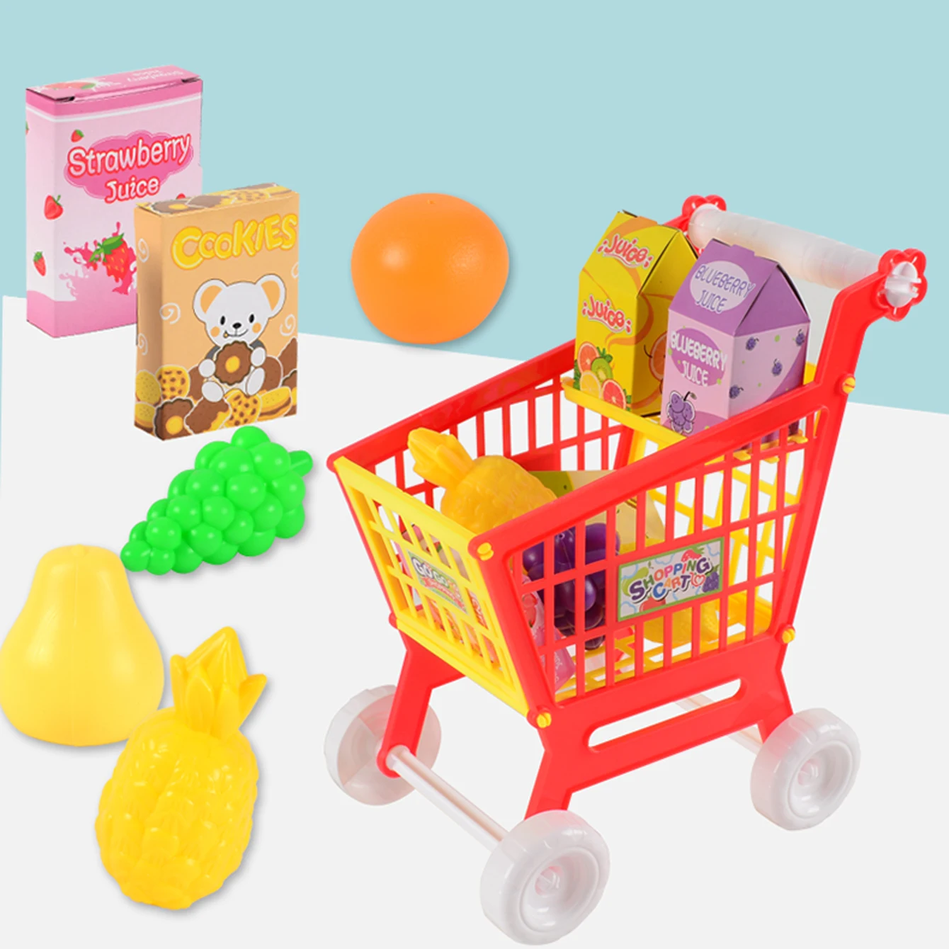 Shopping Cart Toys, Trolley for Groceries Supermarket Playset Fruit Vegetables Play Food Role Kitchen Store Toys for 3+ Kids thumbnail 2