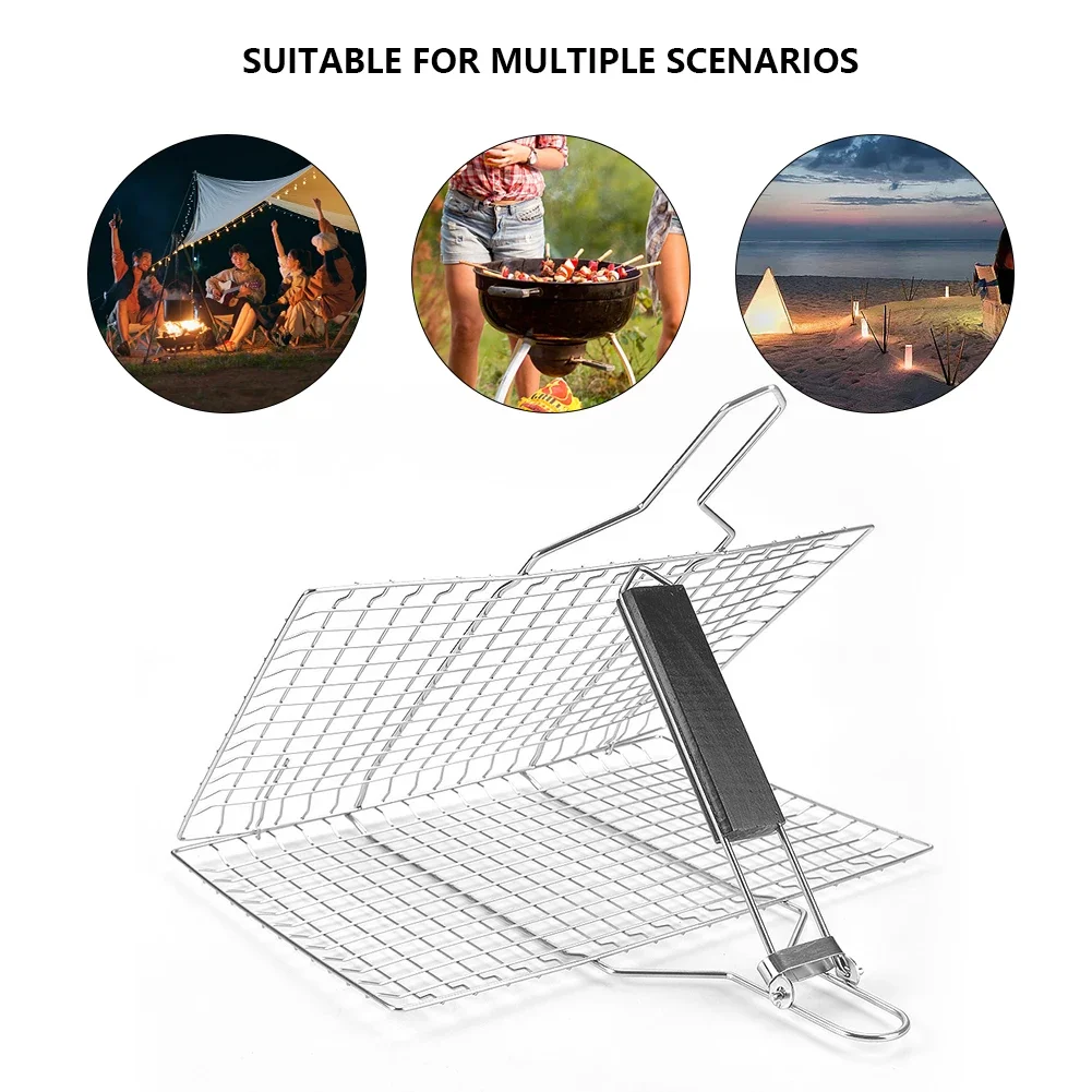 BBQ Grilling Baskets Non Stick Folding Grill Basket Stainless Steel Barbecue Grill Basket for Fish Vegetables Steak Shrimp Chops thumbnail 5