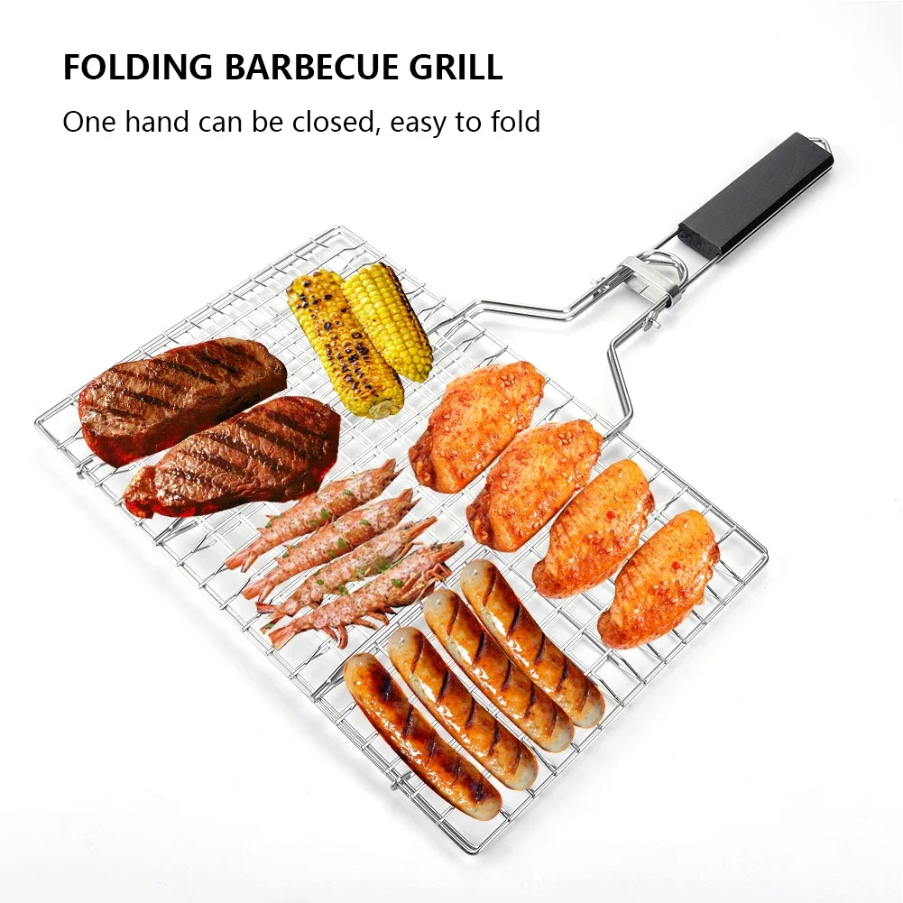 BBQ Grilling Baskets Non Stick Folding Grill Basket Stainless Steel Barbecue Grill Basket for Fish Vegetables Steak Shrimp Chops thumbnail 2