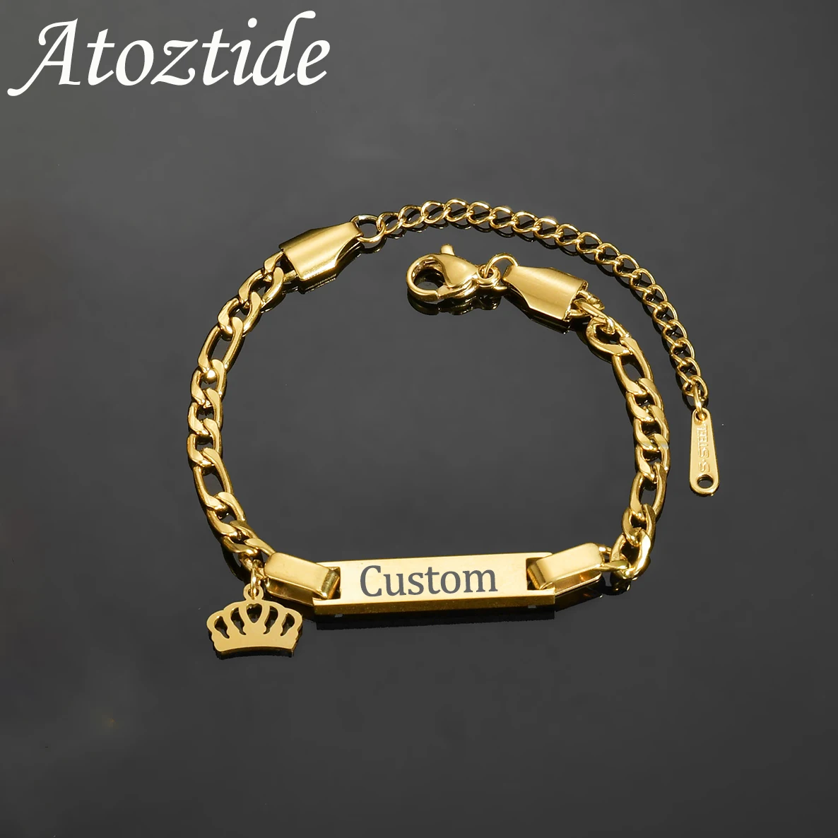Atoztide Personalized Engrave Name Bracelet For Women Mother Kids Stainless Steel Heart Adjustable Figaro Chain Jewelry Gift
