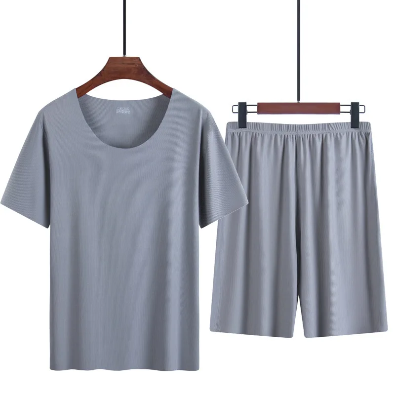 Men's Two-Piece Ice Silk Pajamas Men's Summer Thin Modal Short-Sleeved Pajamas Homewear Men's Large Size Pajamas Homewear Set