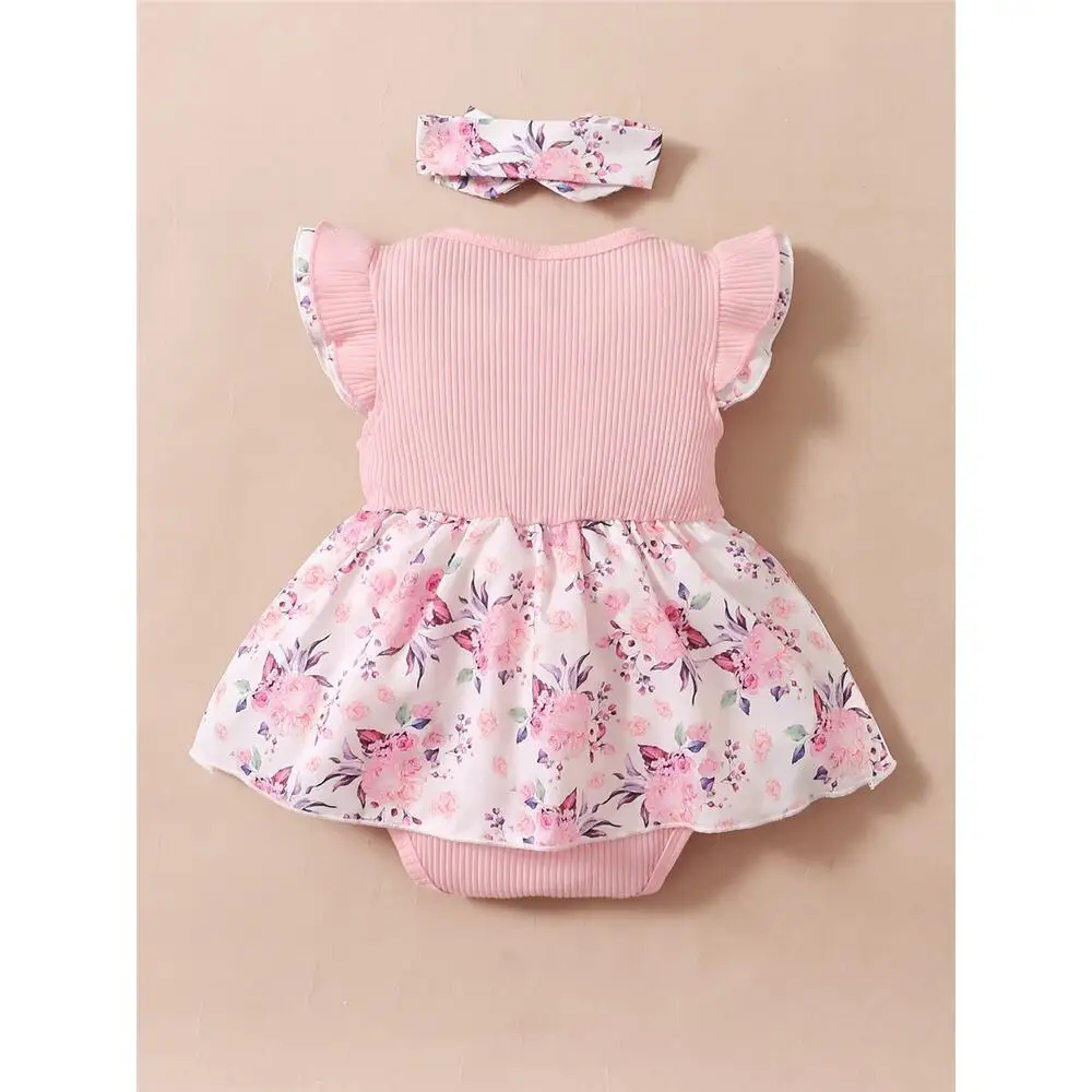 0-18 Months Baby Girl Floral Romper Dress Fly Sleeve Summer Ribbed Jumpsuit with Headband Newborn Baby Girl Lovely 2PCS Outfit thumbnail 2