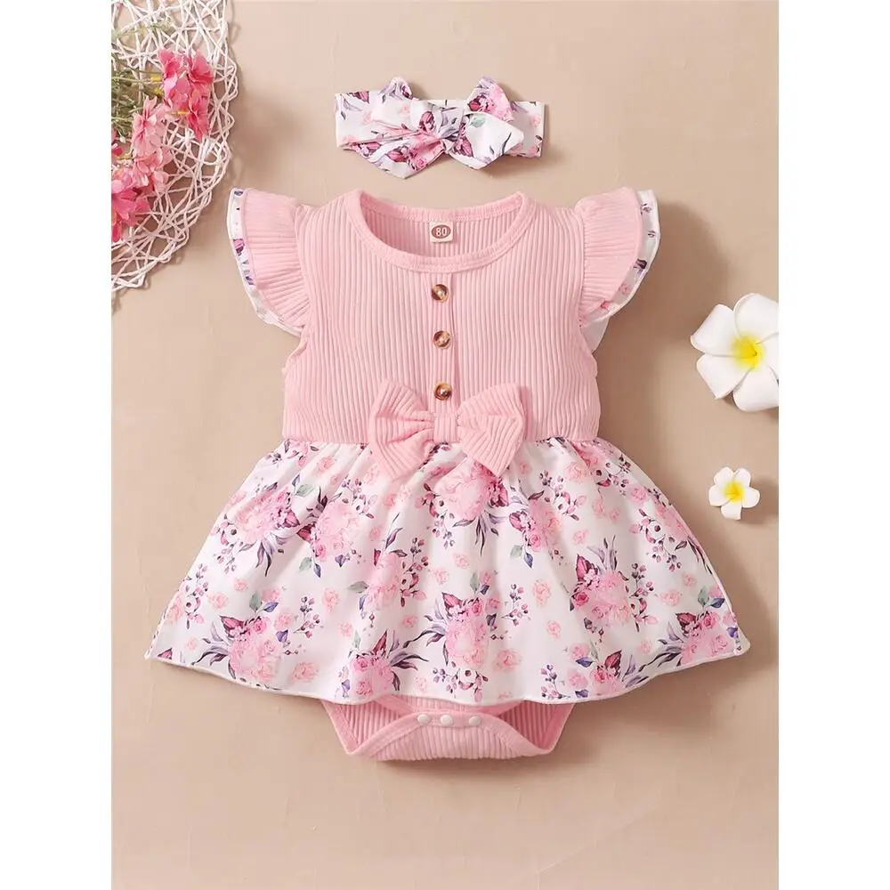 0-18 Months Baby Girl Floral Romper Dress Fly Sleeve Summer Ribbed Jumpsuit with Headband Newborn Baby Girl Lovely 2PCS Outfit thumbnail 3
