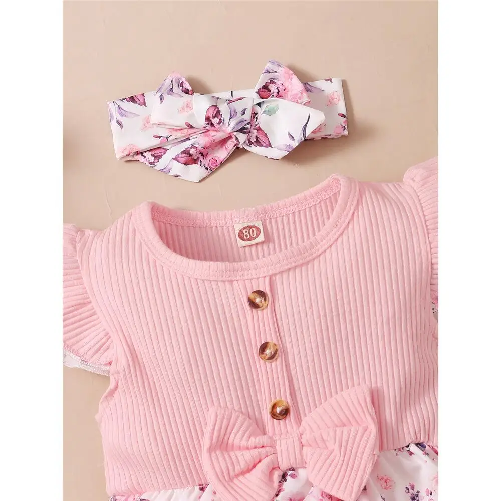 0-18 Months Baby Girl Floral Romper Dress Fly Sleeve Summer Ribbed Jumpsuit with Headband Newborn Baby Girl Lovely 2PCS Outfit thumbnail 5