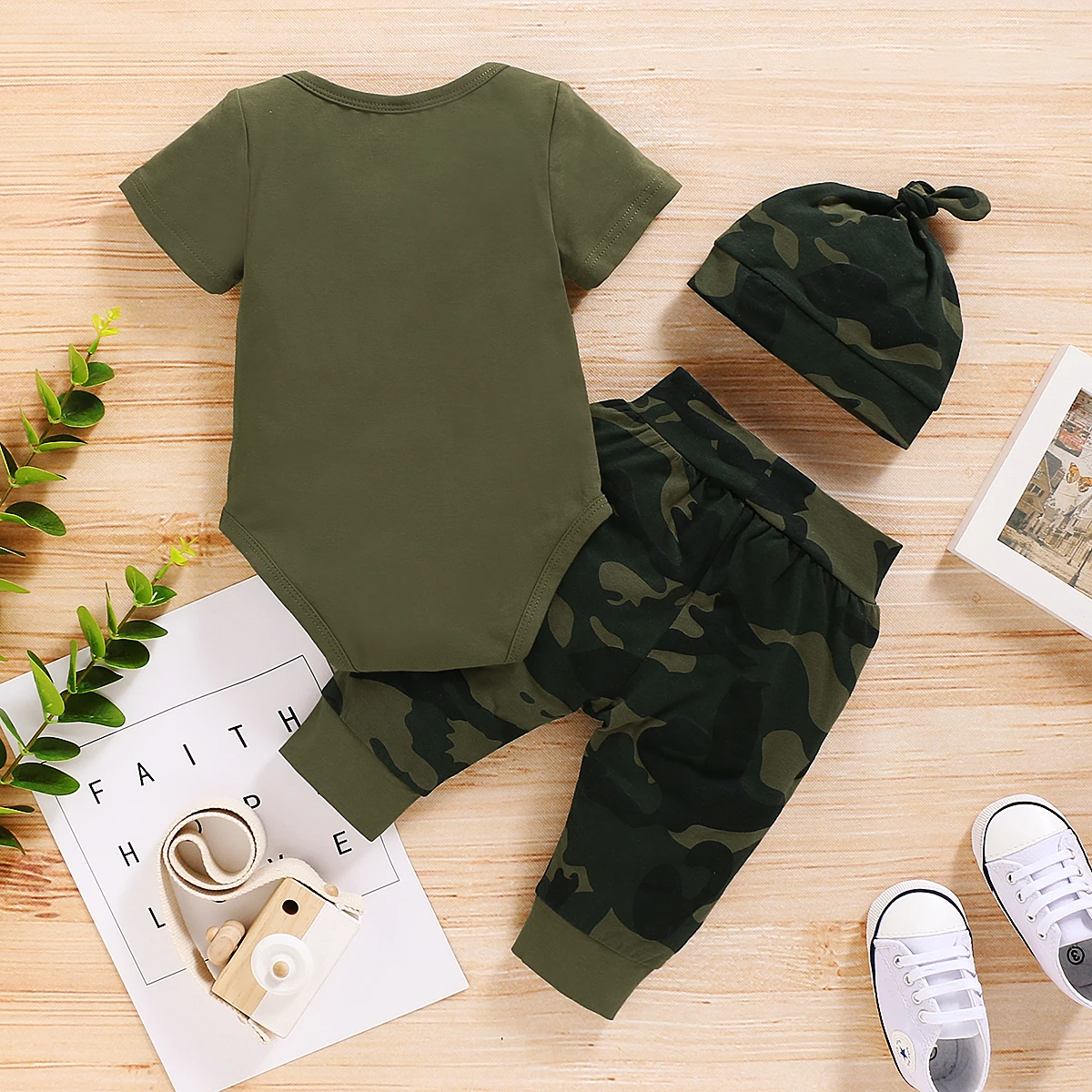 Newborn Baby Boy Summer Clothes Set Letters Short Sleeve Romper +Camouflage Pants+Hat 3pcs Outfits for Toddler Boy 0-18 Months thumbnail 5