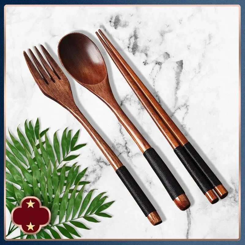 1pc Wooden Chopsticks Fork Spoon Three-piece Set Twine Japanese-style Tableware Kitchen Home Chopsticks Fork Spoon Cutlery Set thumbnail 4
