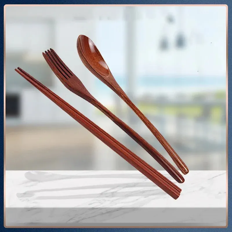 1pc Wooden Chopsticks Fork Spoon Three-piece Set Twine Japanese-style Tableware Kitchen Home Chopsticks Fork Spoon Cutlery Set thumbnail 2