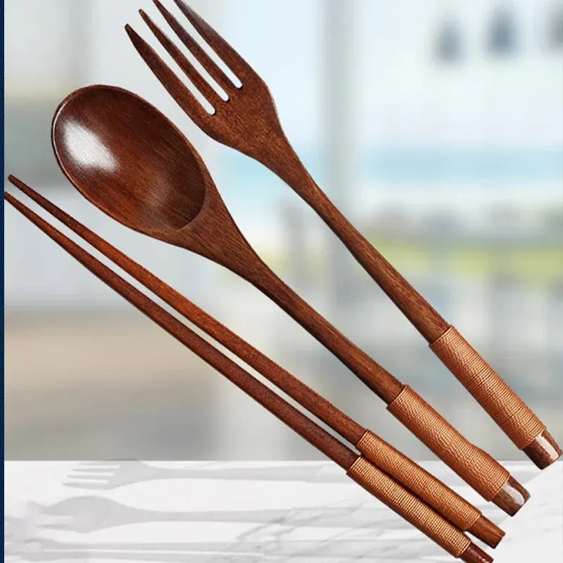 1pc Wooden Chopsticks Fork Spoon Three-piece Set Twine Japanese-style Tableware Kitchen Home Chopsticks Fork Spoon Cutlery Set thumbnail 5