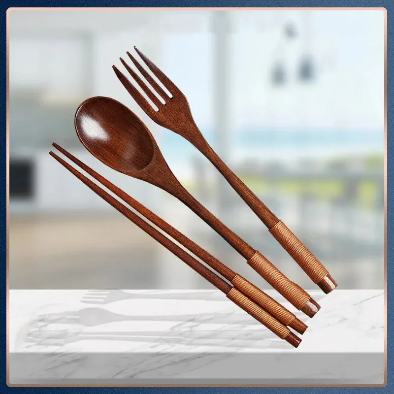 1pc Wooden Chopsticks Fork Spoon Three-piece Set Twine Japanese-style Tableware Kitchen Home Chopsticks Fork Spoon Cutlery Set thumbnail 3
