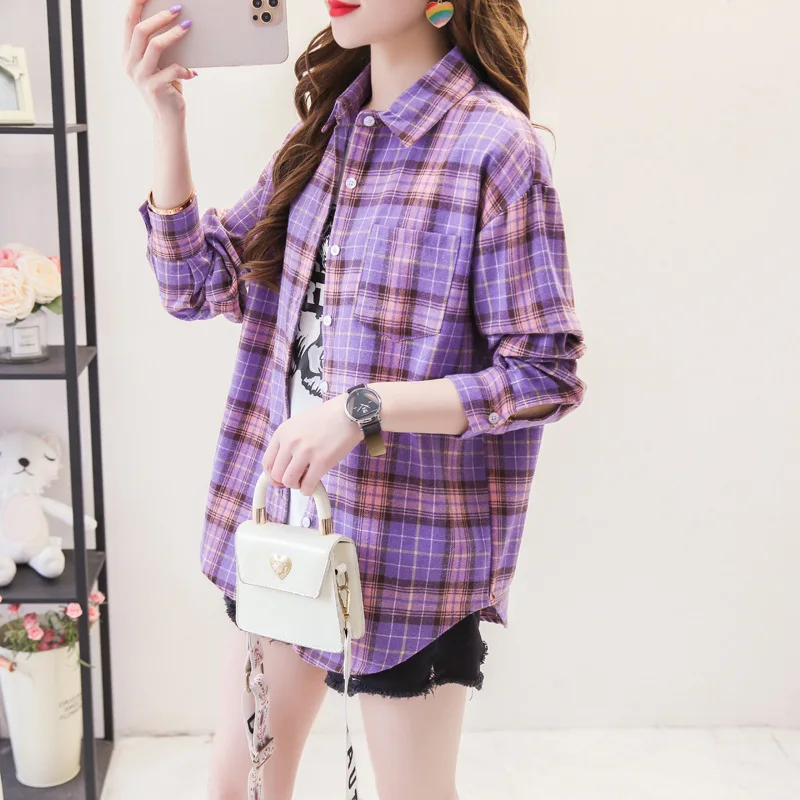 Casual Women's Plaid Shirt 2025 Spring Autumn New Ladies Loose Blouse and Tops Female Long Sleeve Shirts Fresh Checked Clothes thumbnail 5