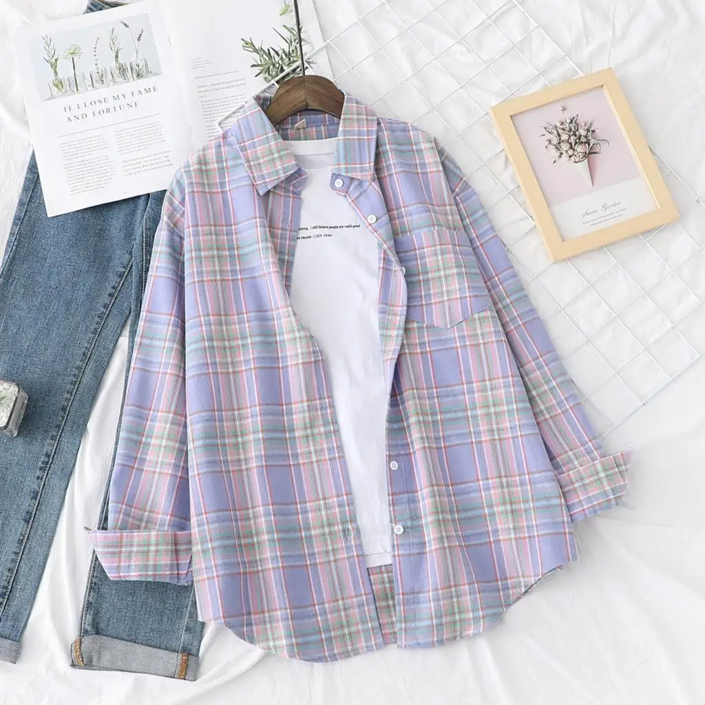 Casual Women's Plaid Shirt 2025 Spring Autumn New Ladies Loose Blouse and Tops Female Long Sleeve Shirts Fresh Checked Clothes thumbnail 2