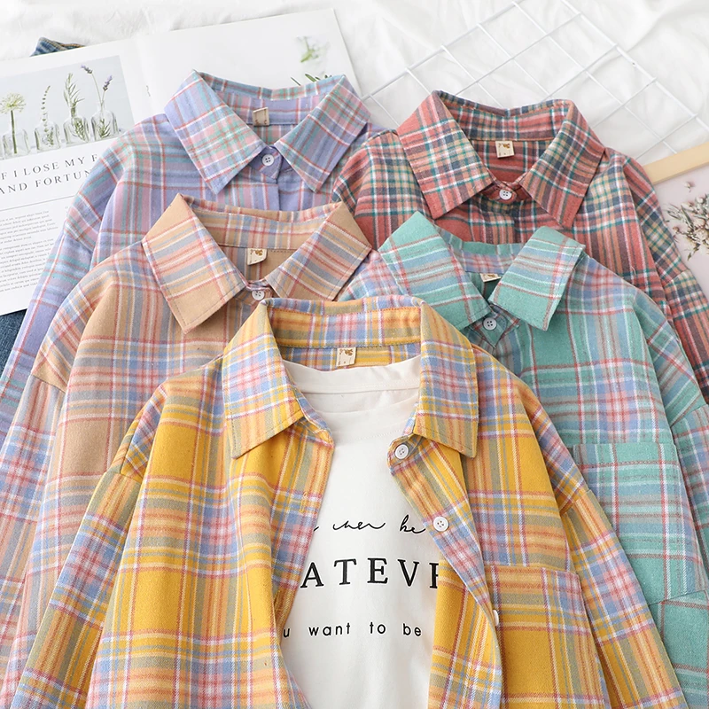 Casual Women's Plaid Shirt 2025 Spring Autumn New Ladies Loose Blouse and Tops Female Long Sleeve Shirts Fresh Checked Clothes thumbnail 6