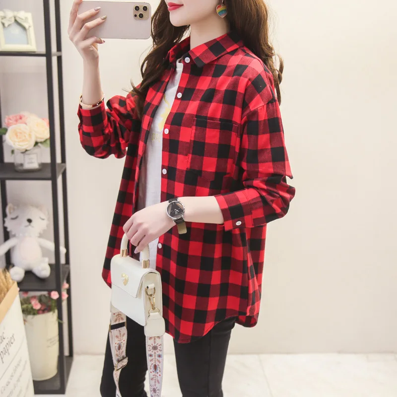 Casual Women's Plaid Shirt 2025 Spring Autumn New Ladies Loose Blouse and Tops Female Long Sleeve Shirts Fresh Checked Clothes thumbnail 4